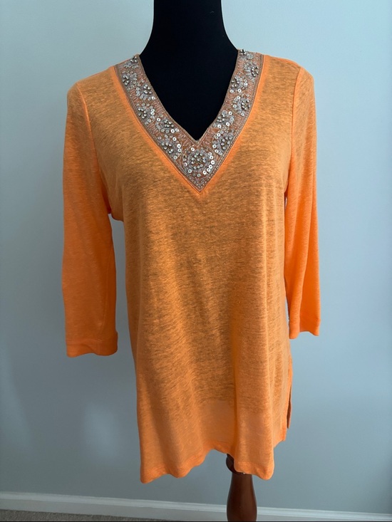 Chico's Tops - Chico's Tangerine V-Neck Tunic with Sequin Embellished Neckline Chico size 0